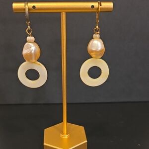 Elegant Gold and Cream Pearl And Stone Dangle Earrings